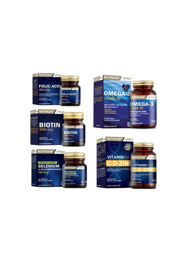 Nutraxin-Omega 3 + Coq-10 Coenzyme - 60 Capsules Follik Acid and Selenium Biotin and Vitamin Max (C,D,Zinc) 1