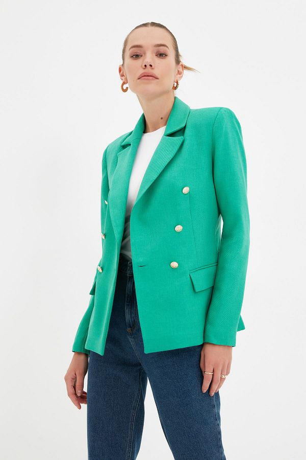 Trendyol Collection-Smaragdgrüner, normal gefütterter, zweireihiger Blazer aus Webstoff mit Verschluss TWOAW21CE0345 1