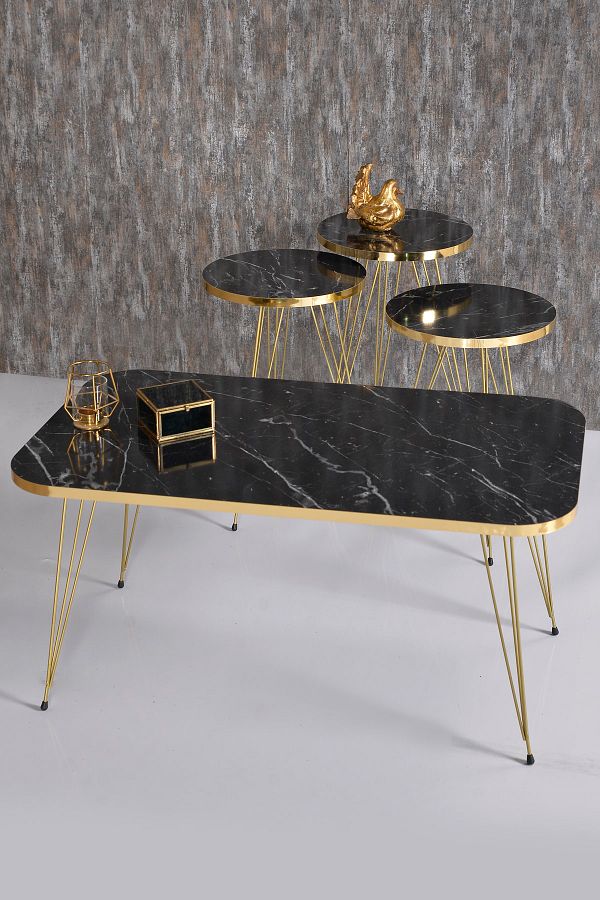 GOLDFALEZ-Luxury Gold Bendir 4-Piece Coffee Table Set - Wire Base Collection (Rectangle + 3 Nesting Tables) 1