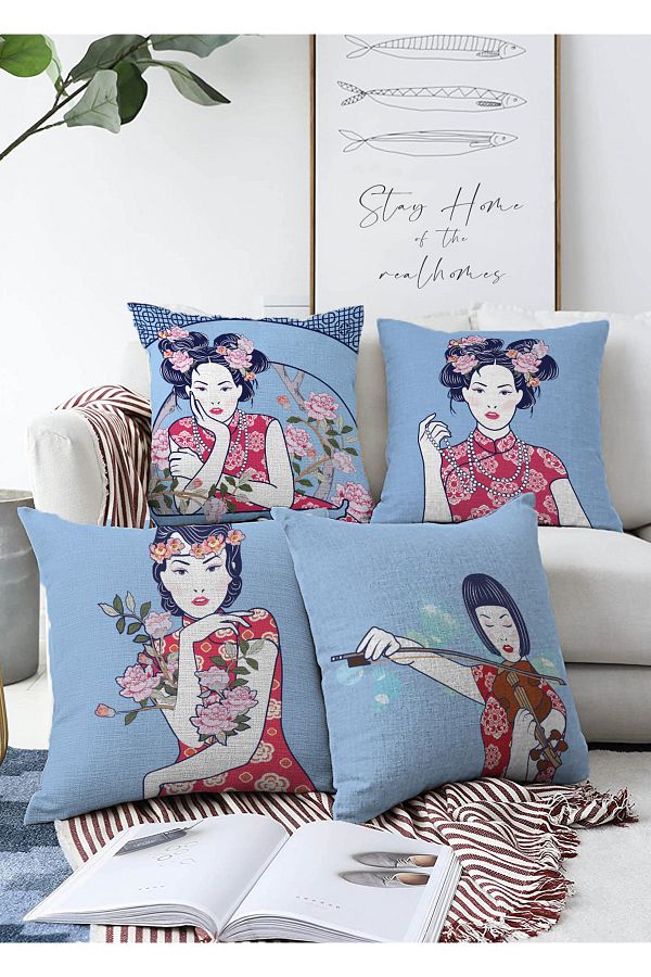 Realhomes Double Sided Blue Background On Me Japanese Girl Motif 4 Piece Raschel Knitted Throw Pillow Cover Set Trendyol