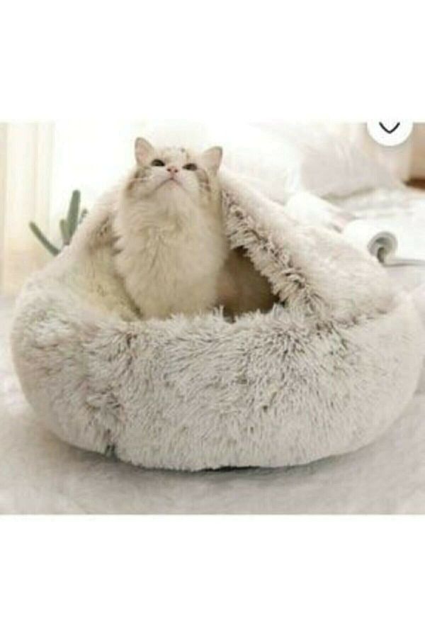 BE ACT VE Pet Cat Dog Round Bed Plush Cat Warm Bed Furry Cat Dog Pouf Trendyol