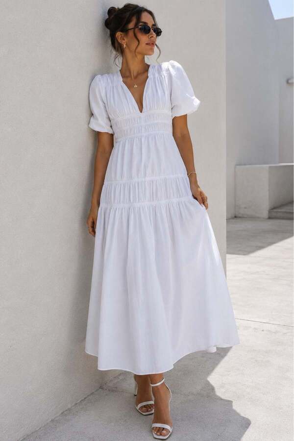Madmext White V-Neck Gathered Detailed Long Basic Women's Dress Mg1619