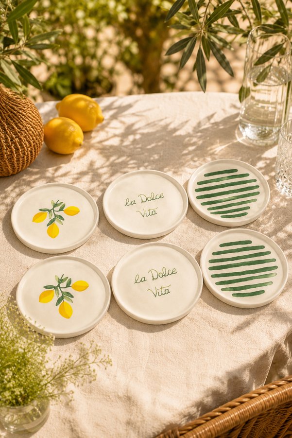Papart Amalfi 6-Piece 16 cm Ceramic Dessert Plate Set with Mediterranean-Inspired Lemon Pattern for Cake and Presentation
