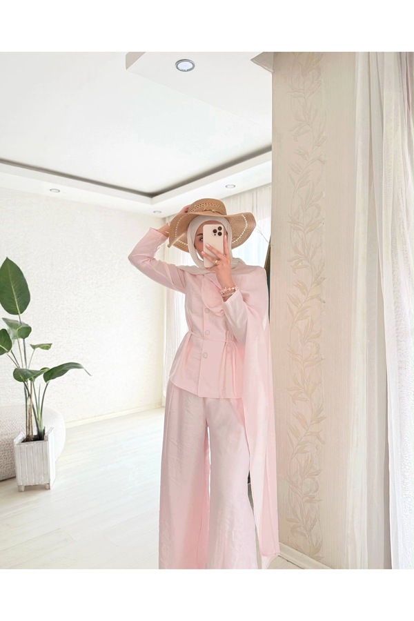 BELLASTORE Pink Shawl Collar Double Set