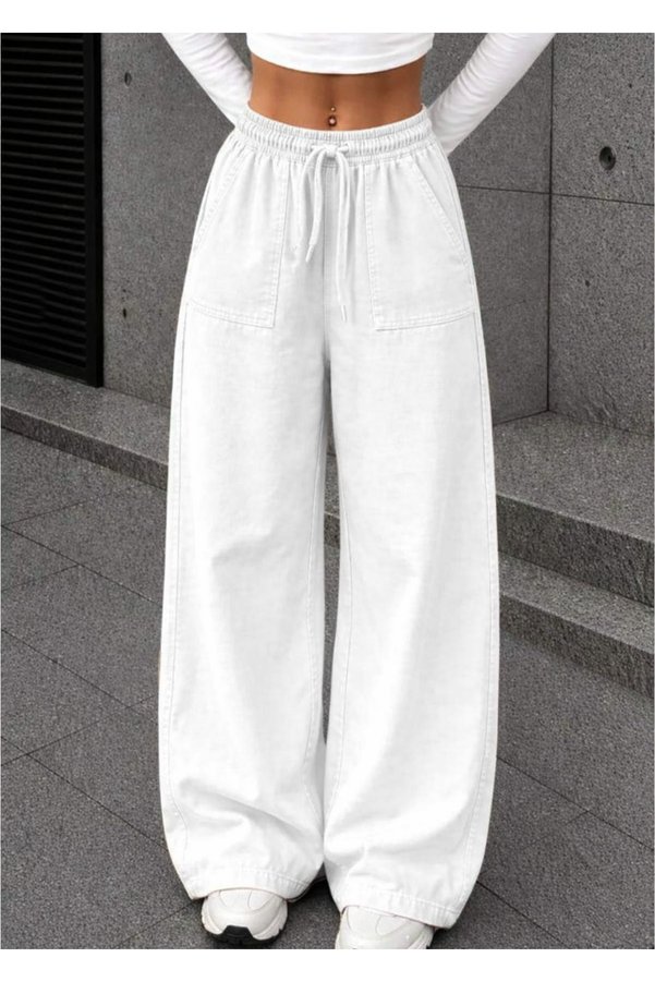 Hera Moda Women's Gabardine White Washed Linen Trousers with Pockets