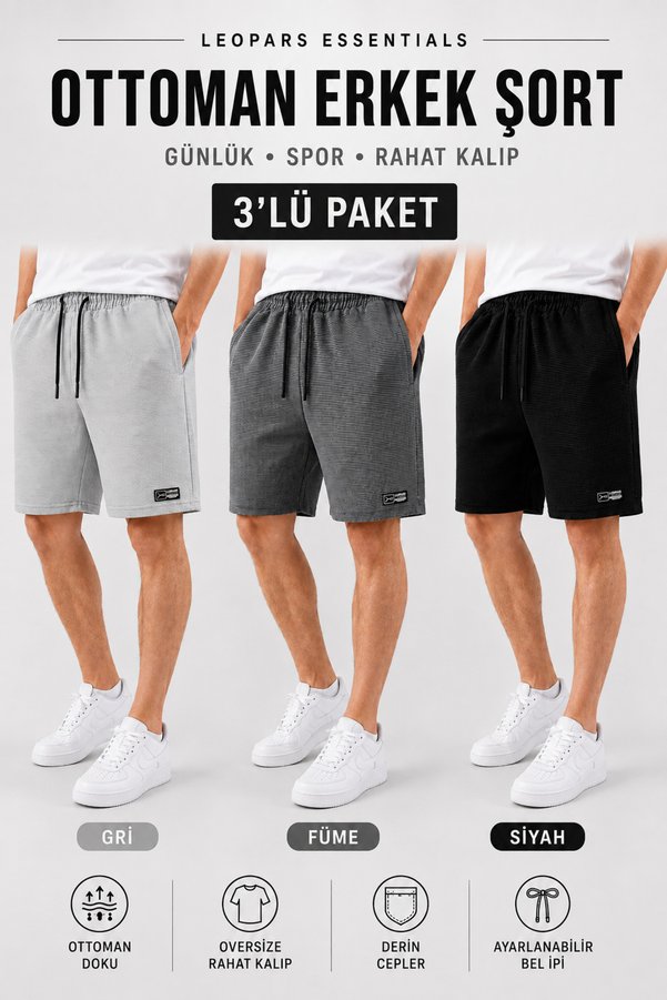 Leopars Men's 3-Piece Ottoman Fabric Shorts Oversize Comfortable Fit Textured Fabric Casual Sports Shorts