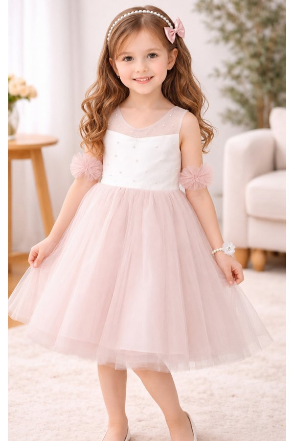 KADİR BABA Pink Pearl Detailed Tulle Girls Evening Dress Set Including Accessories 2-6 Years Old
