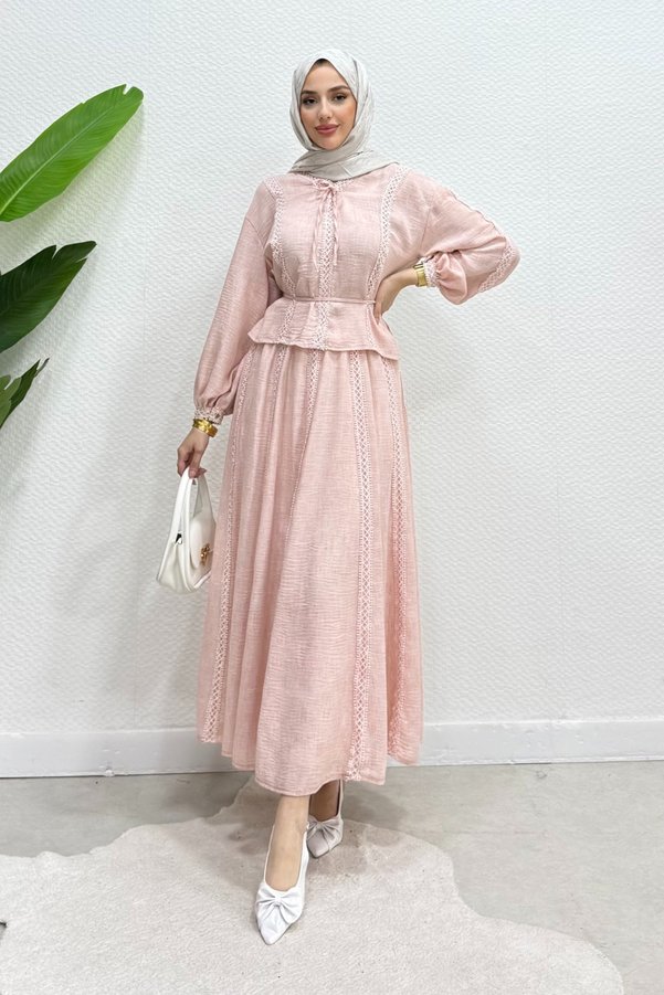 Tesettür Diyarı Natia Lace-Lined Linen Fabric Hijab Set - Pink