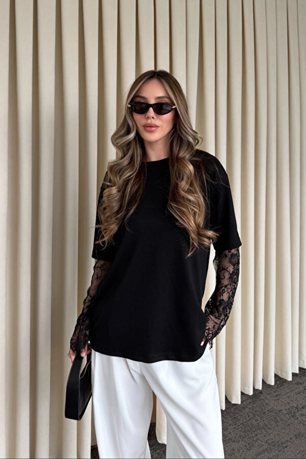 Kadın Bisiklet Yaka Mardiya Dantel Kollu Bluz Oversize Pamuklu Rahat Kesim T-Shirt