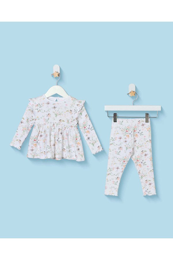 REDTAG Infant Girls White Rib All Over Print Set
