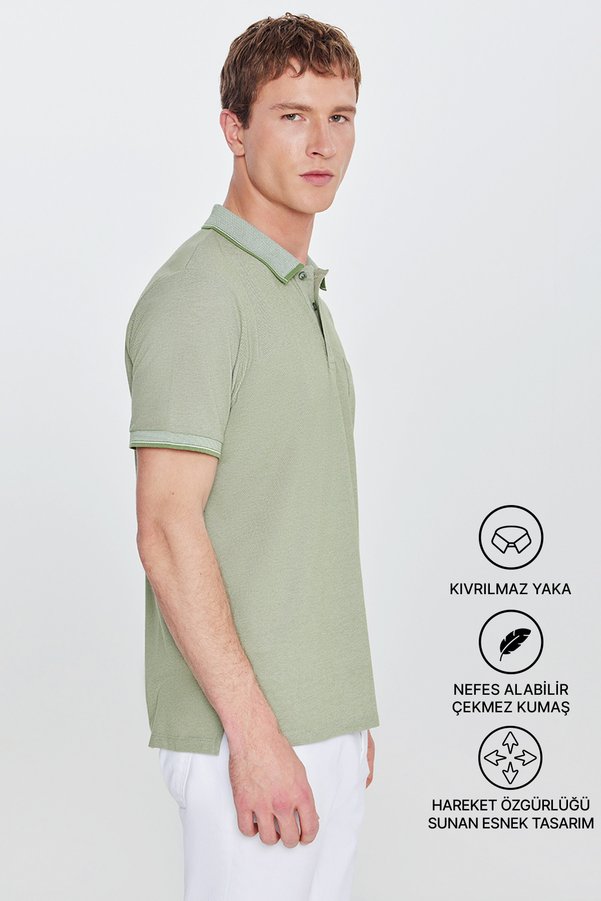 AC&Co / Altınyıldız Classics Men's Shrink-Resistant Cotton Fabric Regular Fit Comfortable Cut Green Polo Collar T-Shirt with Pockets