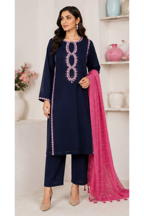 6TEEN Women’s Navy Blue 3-Piece Embroidered Suit with Pink Dupatta