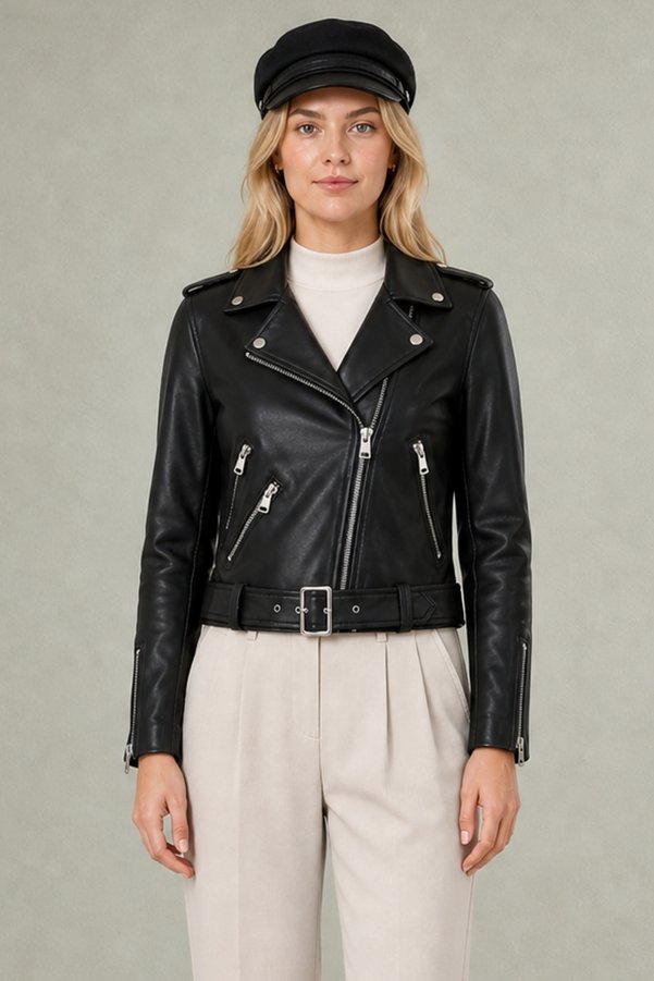 Montland Women's Black Leather Jacket - Belt Detailed Zippered Crop Jacket