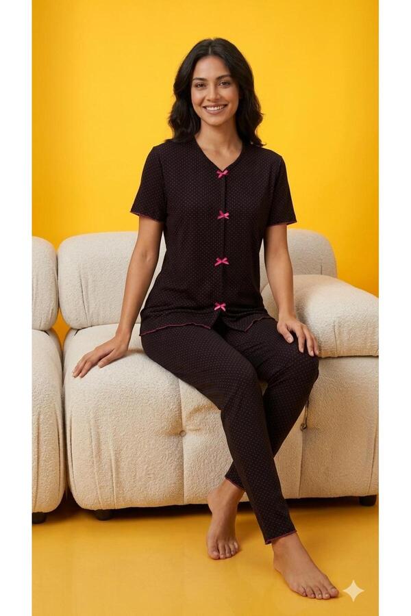 fameshomewear Summer Black Fuchsia Polka Dot Patterned Short Sleeve Combed Cotton 100% Cotton Pajama Set