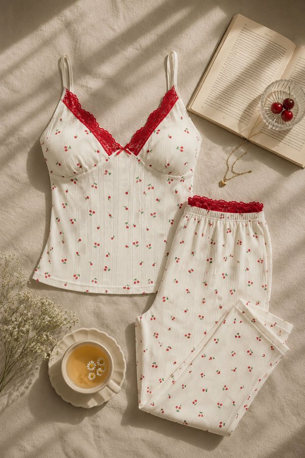 koza iç giyim Women's Cotton Covered Strappy Lace Pajama Set