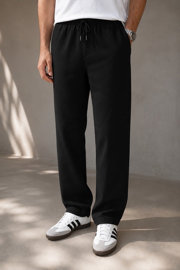 Bossago Men's Black Linen Trousers with Waist Tie