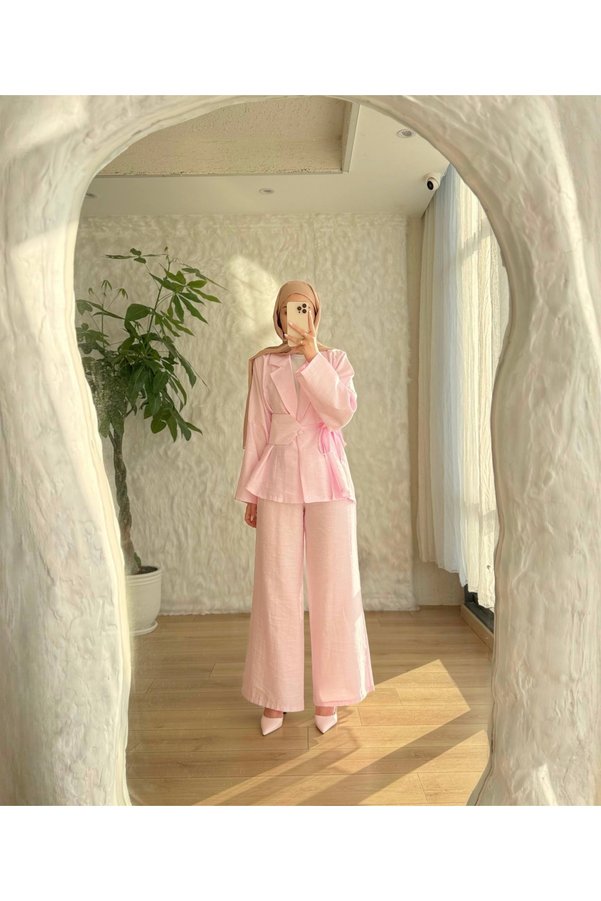 BELLASTORE Women's Dusty Pink Belted Jacket and Wide-Leg Pants Two-Piece Set