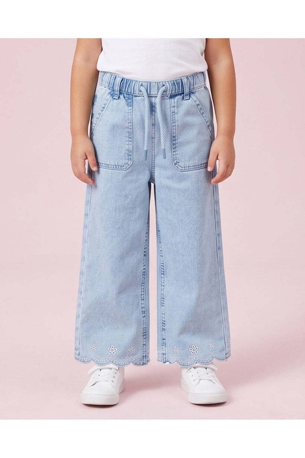 REDTAG Girls Light Wash Scalloped Embroidered Trousers