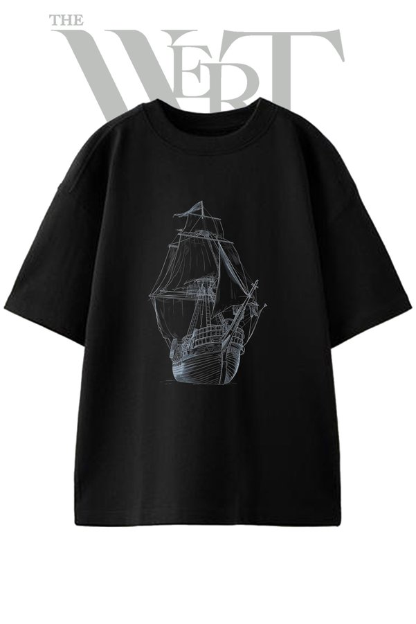 THEWERT Sailing Ship Design Printed Unisex Black Oversize T-Shirt