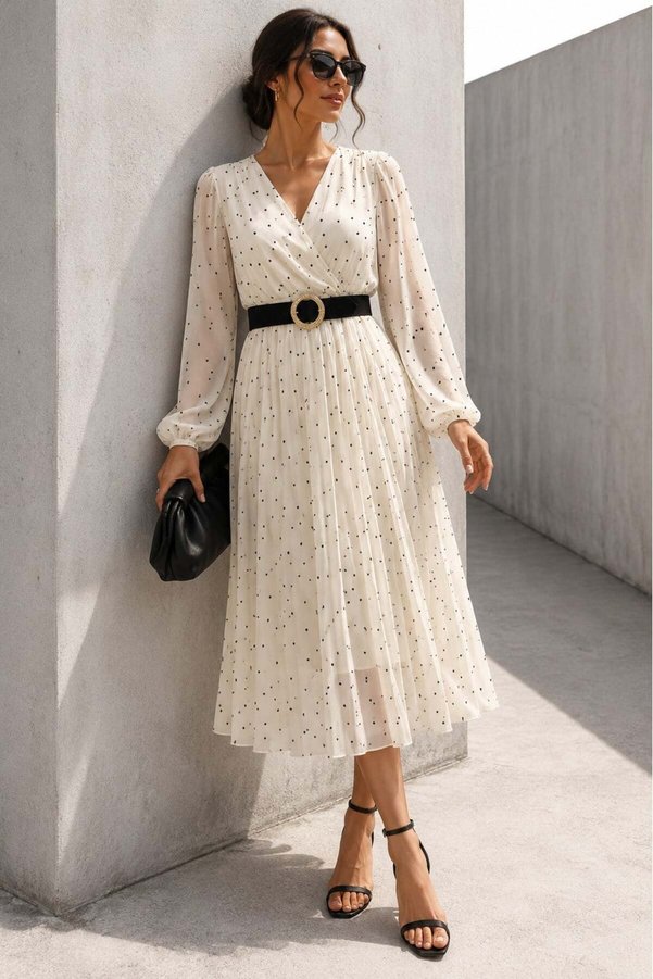 Madmext Cream Double-Breasted Collar Polka Dot Chiffon Dress MG2065