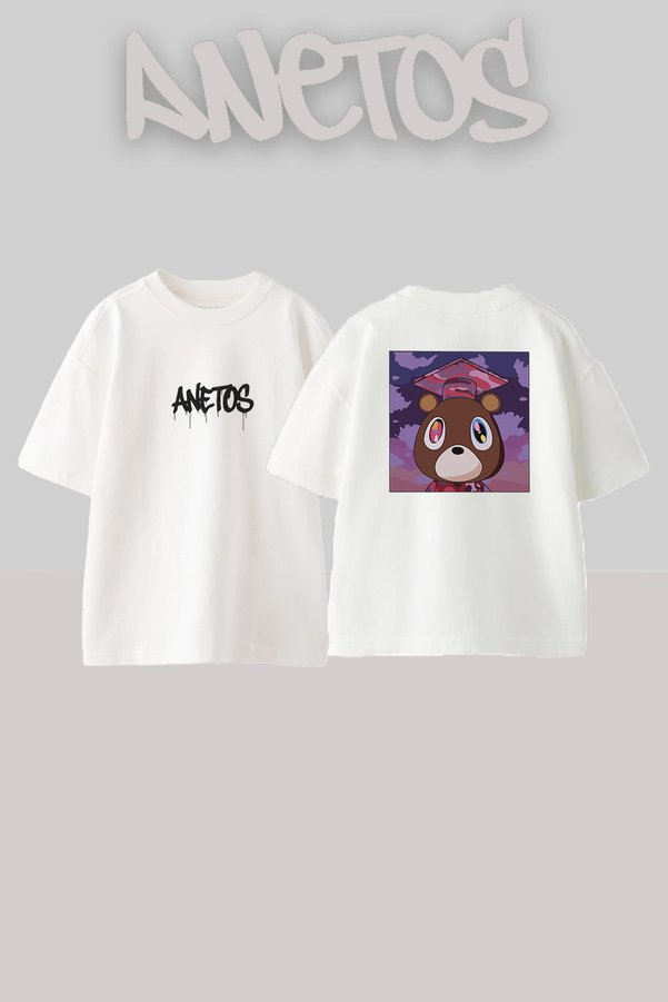 Anetos Dropout Bear_2 Design Printed Unisex Oversize White Tshirt