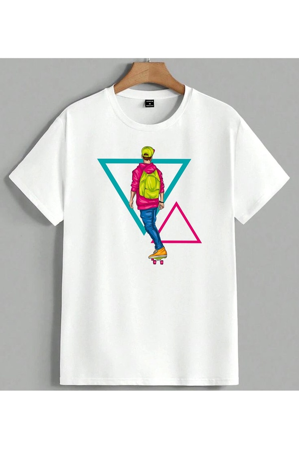 ELFERA Skateboarder Neon Colors Printed Unisex Oversize T-Shirt White