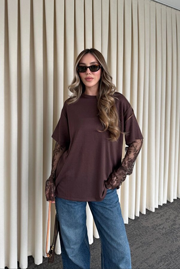 Kadın Bisiklet Yaka Mardiya Dantel Kollu Bluz Oversize Pamuklu Rahat Kesim T-Shirt