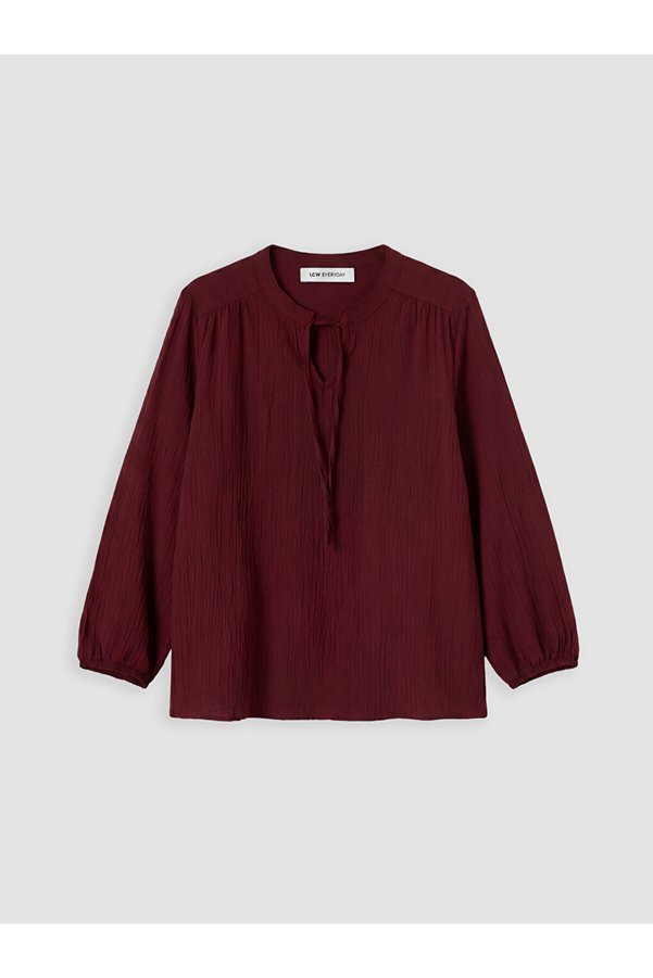 LC Waikiki Burgundy Tie-Neck Gathered Textured Blouse
