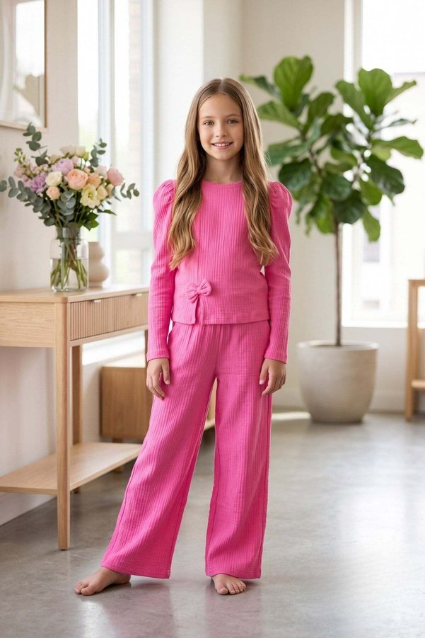NEWKİDS Girls' Set Children's Long Sleeve Pink Bow Detail Girls' Set