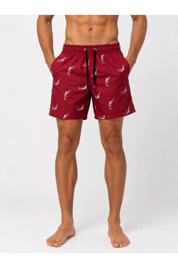 Generic Brands Men's Swordfish Patterned Swim Shorts with Zipper Pockets and Mesh Lining - Burgundy