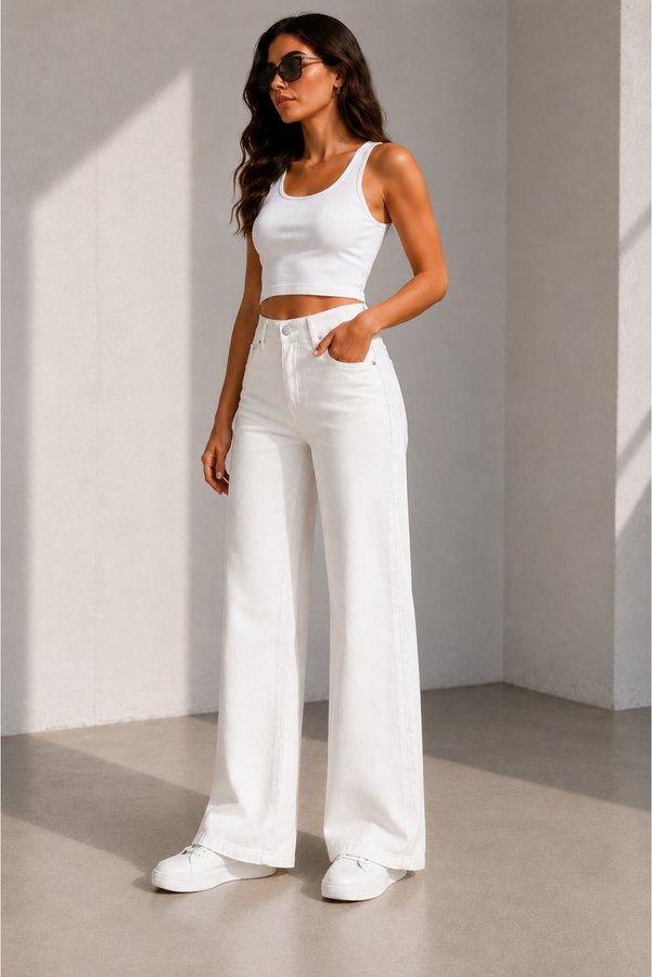 ZÉRIA Women's White Loose Lycra Palazzo Jean Trousers High Waist Wide Leg Modern Relaxed Fit Women's Denim