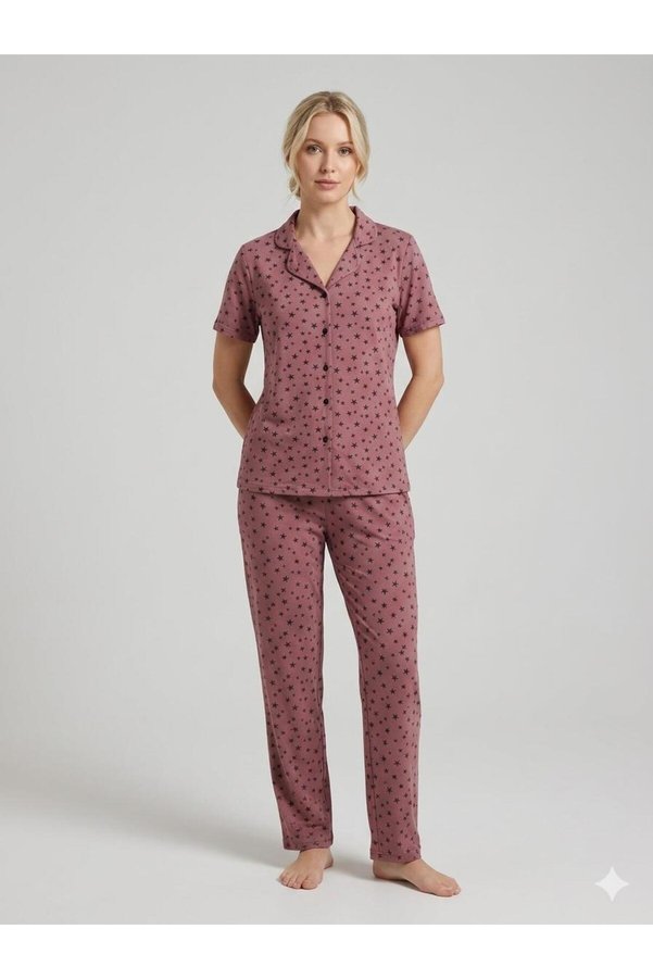 FAMES PİJAMA Summer Front-Buttoned Dark Powder Combed Cotton Pajama Set