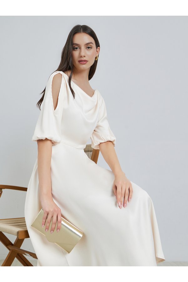 Take Two By Styli Cream Solid Cowl Neck Midi Dress