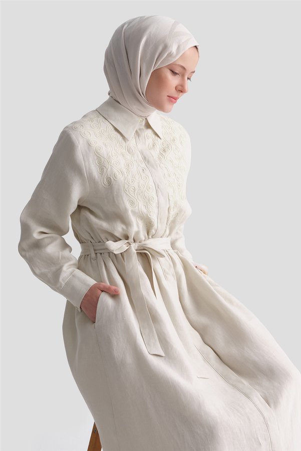 Armine Linen Dress with Embroidery Detail Beige