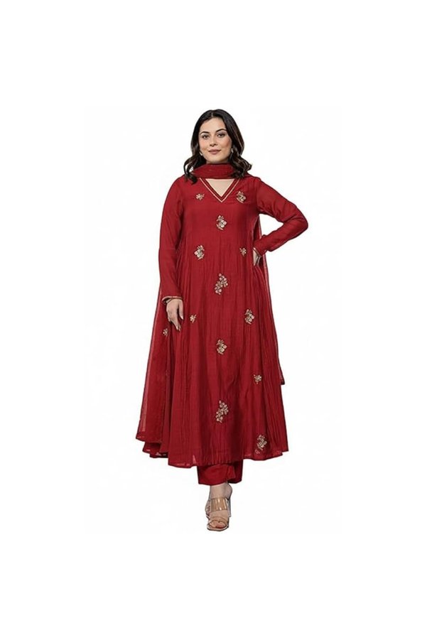 MYSMAR Red Chinon Salwar Kameez & Dupatta Set - ALV2094 | Red-Size:2XL-44-Inches
