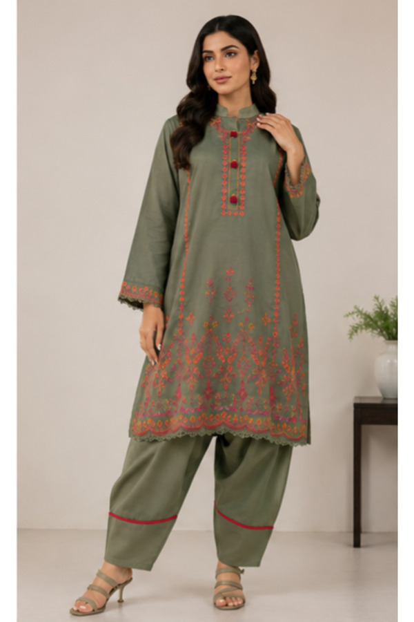6TEEN Bismil Green Embroidered 2-Piece Traditional Suit