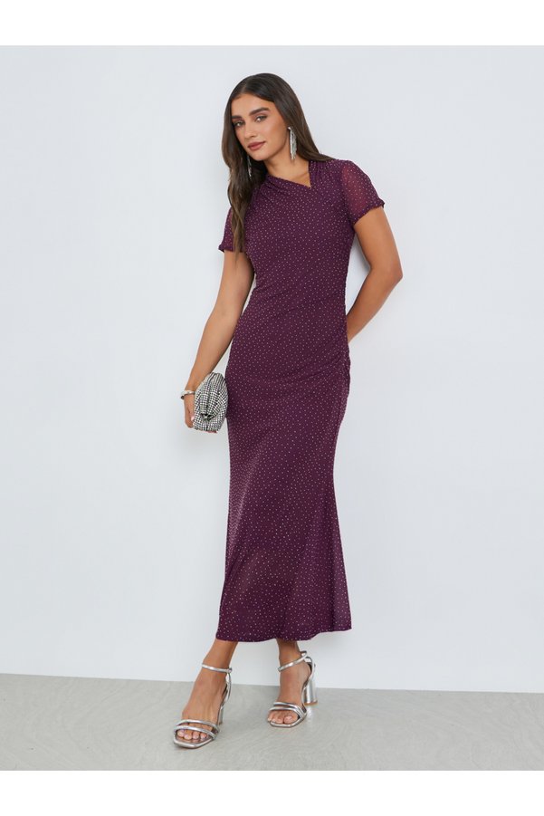 Styli Purple Embellished Sheath Midi Evening Dress