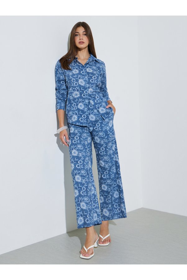 Styli Blue All Over Print Cotton Shirt and Pants Co-Ords Set