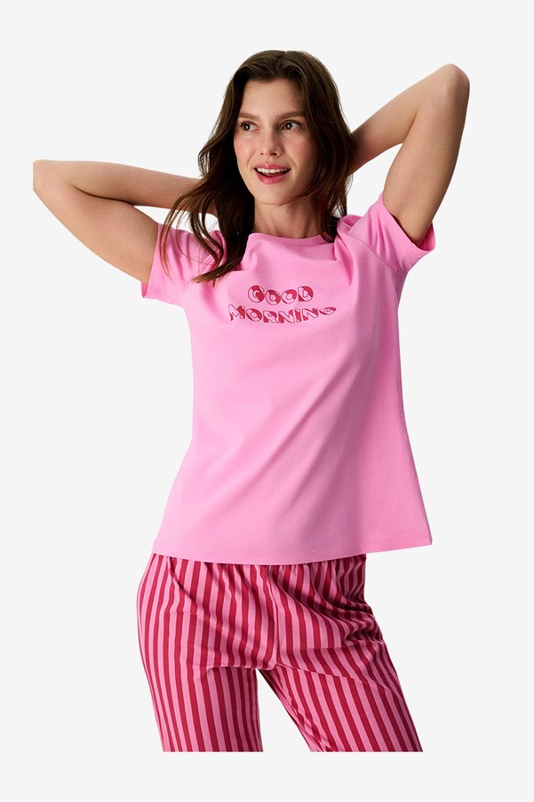 Penti Women Morning Short Sleeve Capri Pink Pyjama Set