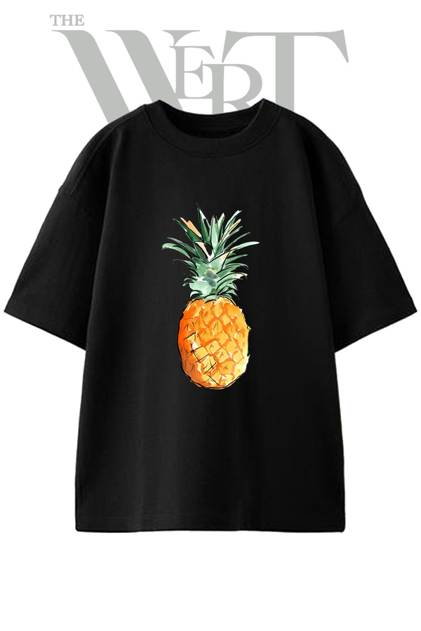 THEWERT Watercolor Pineapple Design Printed Unisex Black Oversize T-Shirt