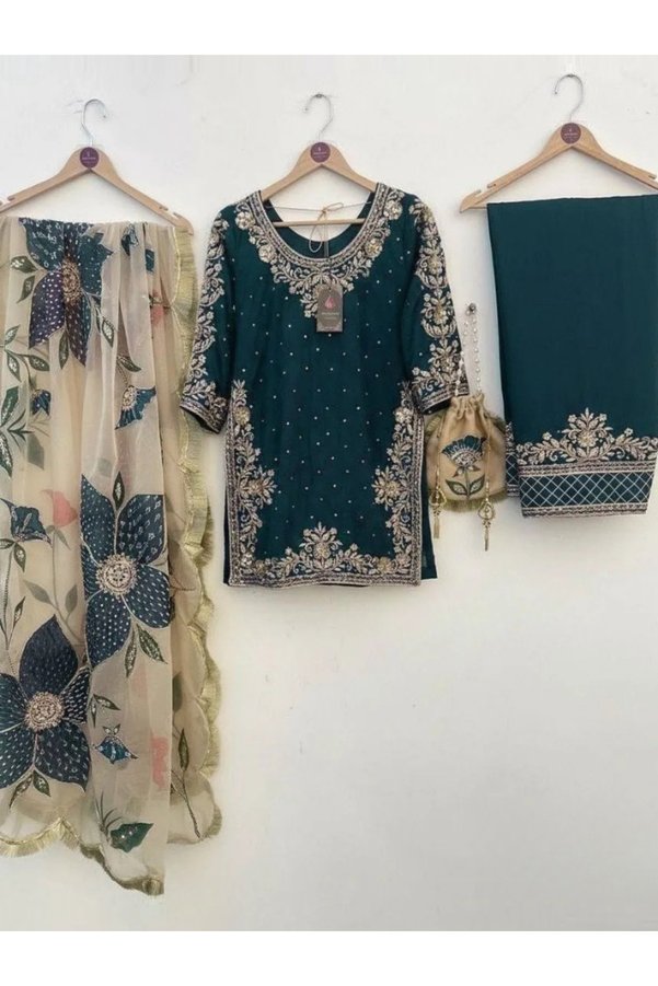 MYSMAR Green GMY Silk Embroidered Palazzo Suit Set - HRT7441 | Green-Size:L-40-Inches