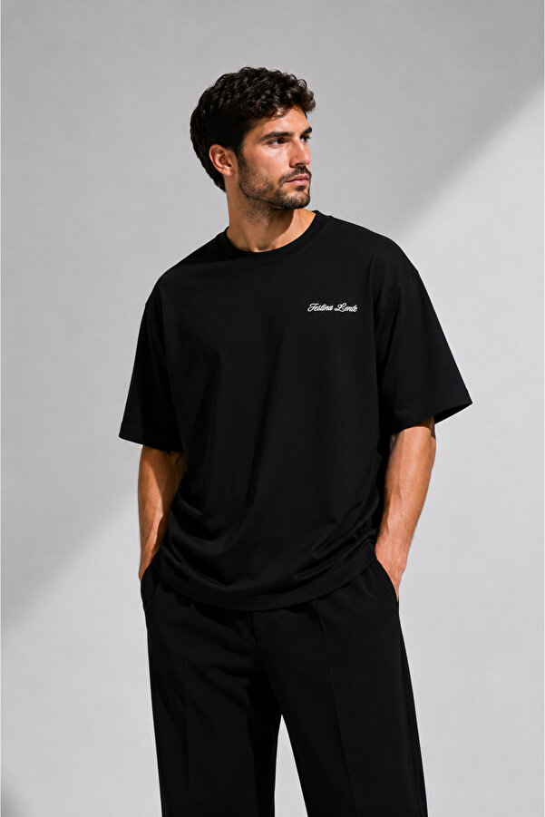 Unisex Festina Lente Baskılı Oversize %100 Pamuk Geniş Kesim Dokulu Bisiklet Yaka T-Shirt RF0516