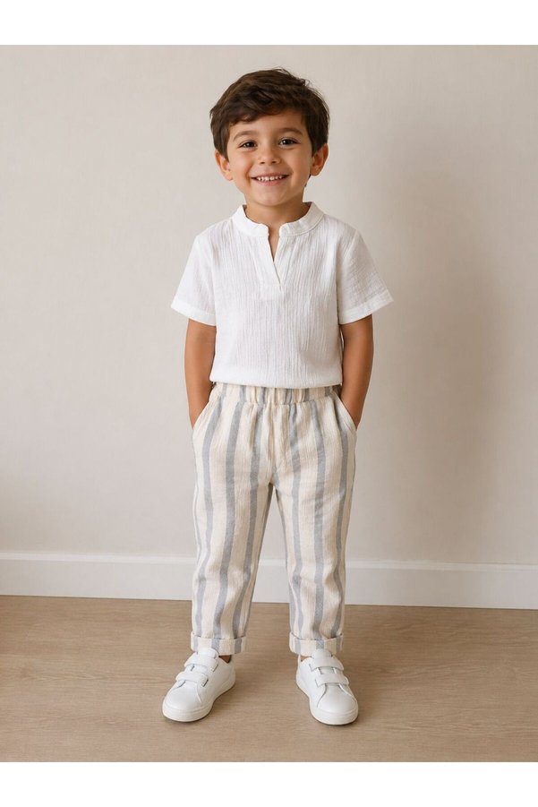 Montisu Special Pattern, Beige Striped Cotton/Linen Trouser Suit, Comfortable Fit
