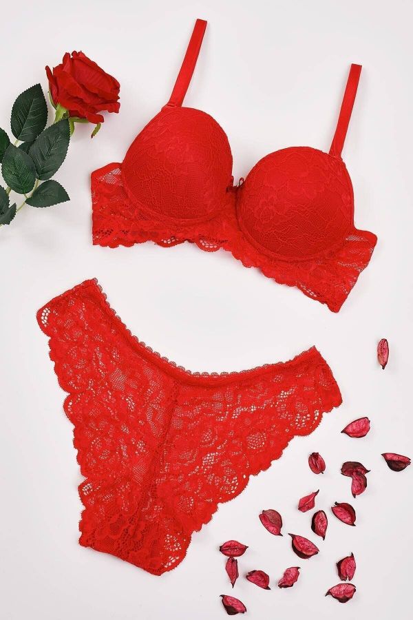 HTN LİNGERİE Women's Red Lace Padded Bra Panties Underwear Set