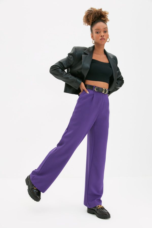 Trendyol Collection-Pflaumefarbene, gewebte Hose mit hoher Taille und weitem Bein/Plissee mit weitem Bein TWOAW21PL0076 1