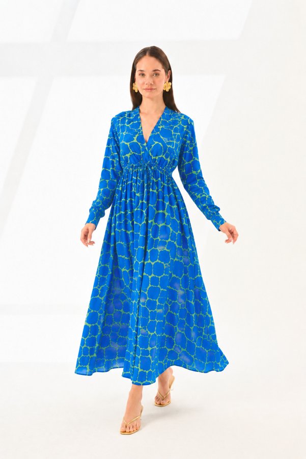LADYA COLLECTION Blue Green Patterned Midi Length Double Breasted Collar Waist Drawstring Detailed Belted and Scarfed A-Line Dress