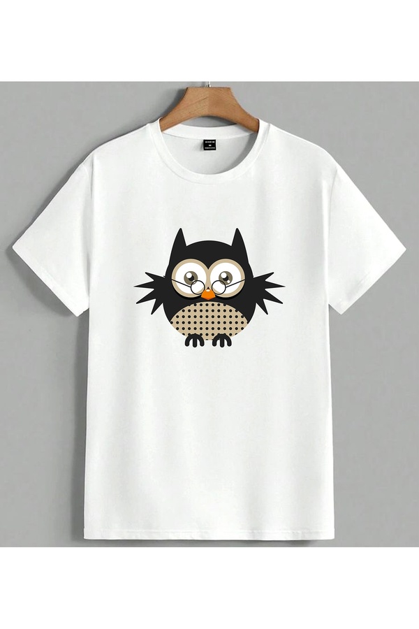 ELFERA Black Owl Glasses Printed Unisex Oversize T-Shirt White