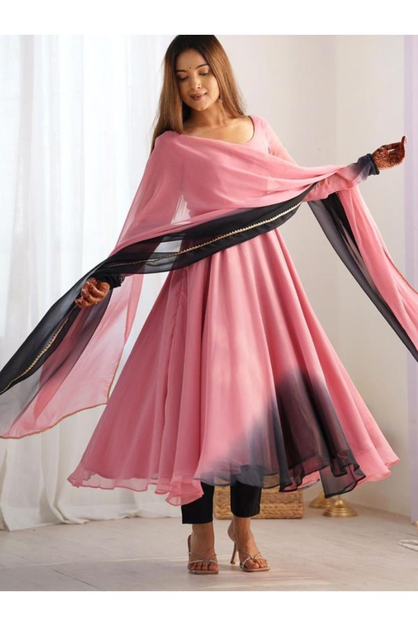 MYSMAR Pink Faux Georgette Anarkali Gown Set - HRT2572 | Pink-Size:L-40-Inches