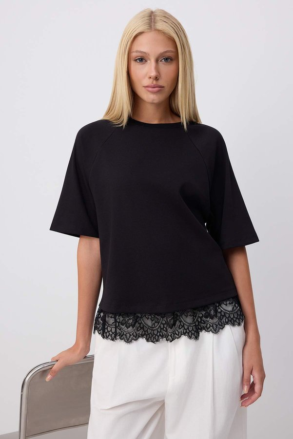 Trendyol Collection Black Plain Regular Crew Neck Raglan Sleeve Lace Detailed Interlock Knitted T-Shirt Twoss26Ts00330