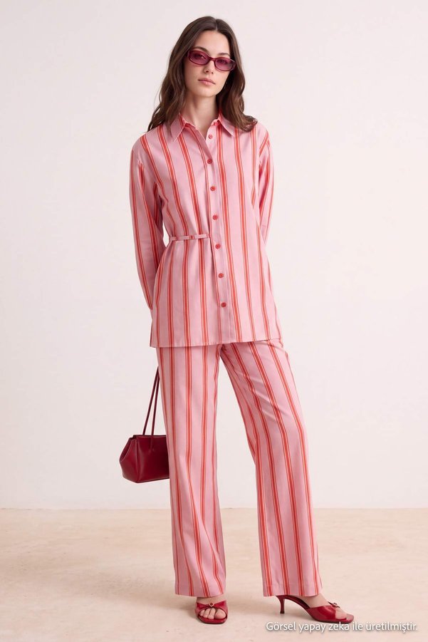 Trendyol Modest Pink Red Poplin Striped Shirt Pants Bottom - Top Set Tctss26Us00083